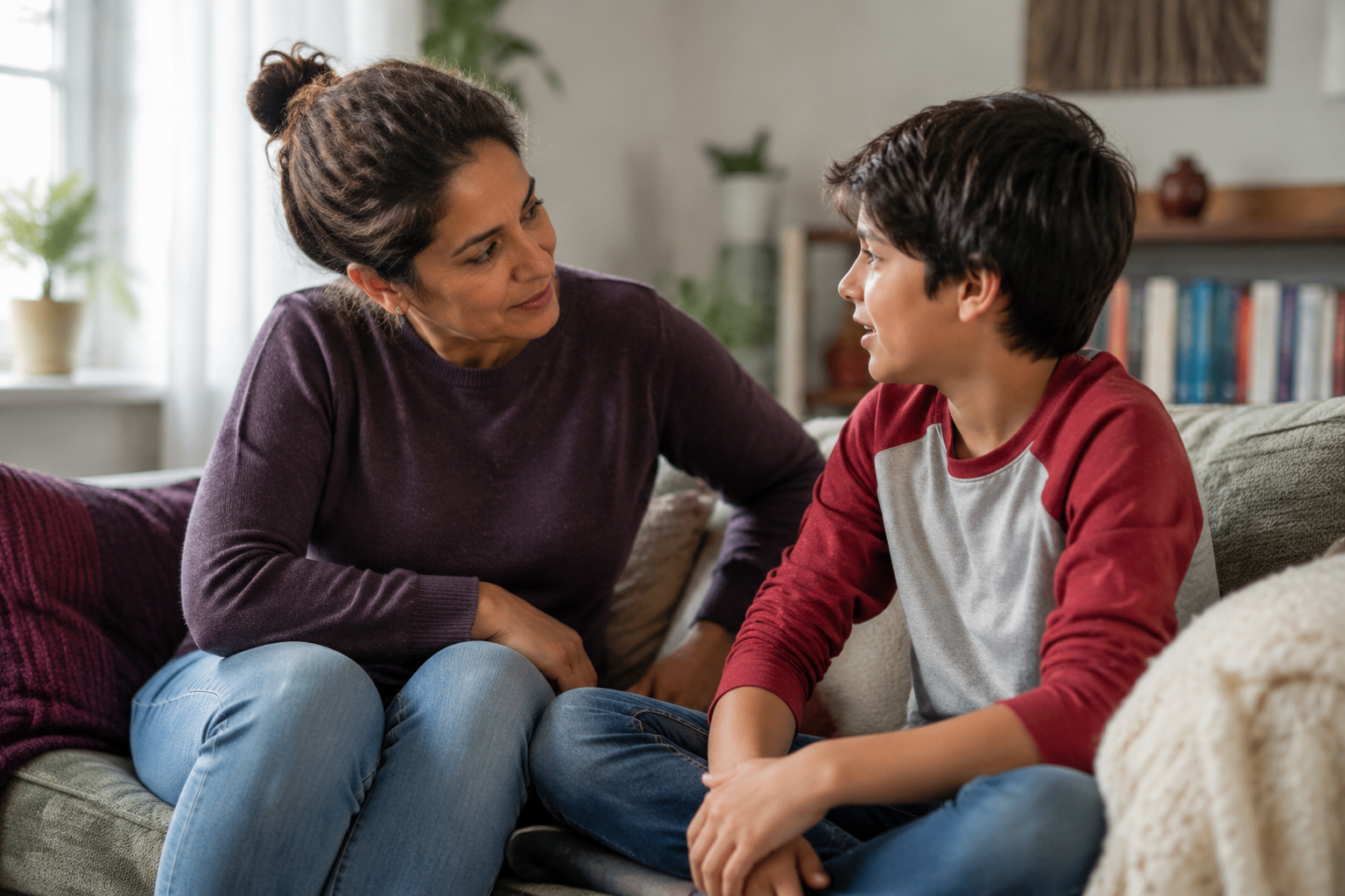 A parent and child sharing a calm, supportive conversation
